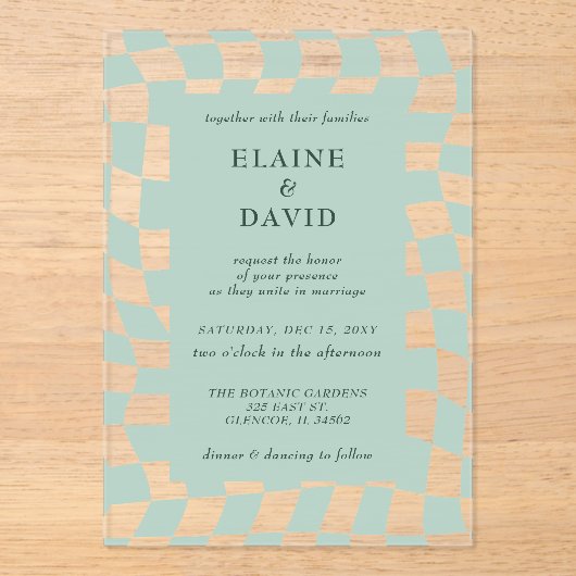 Invitations En Acrylique Mariage Retro Super Green Checkerboard (Recto)