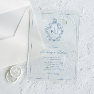 Invitations En Acrylique Mariage Rococo Vintage Monogramme Bleu