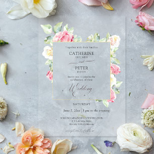 Invitations En Acrylique Mariage romantique aux roses en aquarelle rose blu