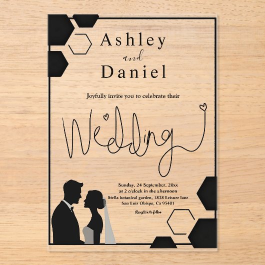 Invitations En Acrylique Mariage romantique moderne noir et blanc (Recto)