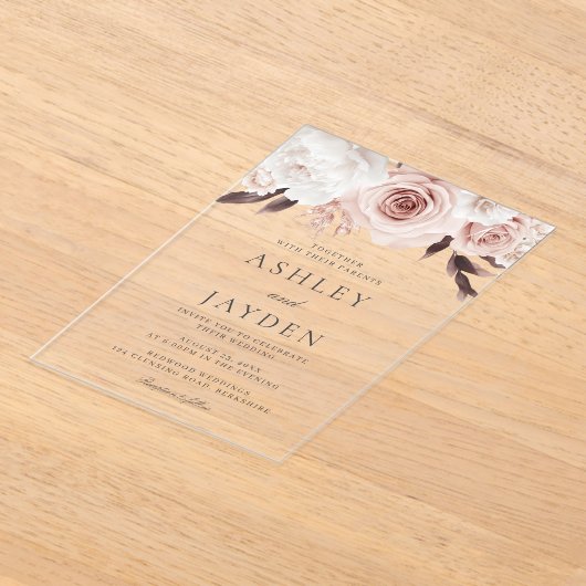 Invitations En Acrylique Mariage Rose et Fleurs blanches (Poser)