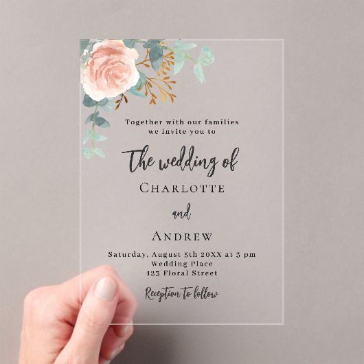 Invitations En Acrylique mariage rose eucalyptus blush clair (In situ (ordinateur de poche))