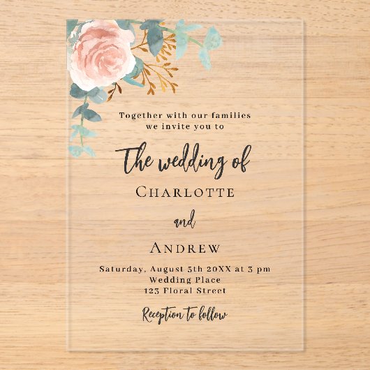 Invitations En Acrylique mariage rose eucalyptus blush clair (Recto)