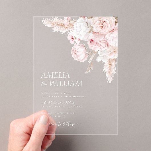 Invitations En Acrylique Mariage rose moderne poussiéreux à fleurs (In situ (ordinateur de poche))