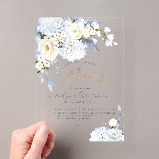 Invitations En Acrylique Mariage Roses Crème Hydrangea Bleue H2 (In situ (ordinateur de poche))