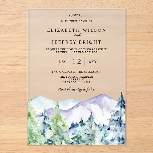Invitations En Acrylique Mariage Rustic Pine Mountains (Recto)