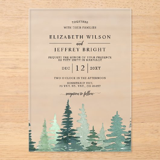 Invitations En Acrylique Mariage Rustic Pine Mountains (Recto)