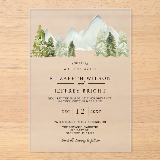 Invitations En Acrylique Mariage Rustic Pine Mountains (Recto)