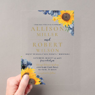 Invitations En Acrylique Mariage rustique au tournesol bleu marine aquarell