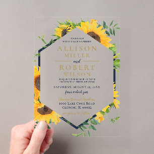 Invitations En Acrylique Mariage Rustique au Tournesol Bleu Nuit Aquarelle
