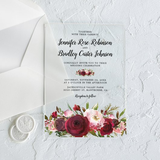 Invitations En Acrylique Mariage Rustique Blush Bourgogne Fleurs