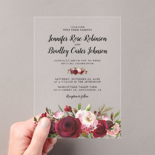 Invitations En Acrylique Mariage Rustique Blush Bourgogne Fleurs (In situ (ordinateur de poche))