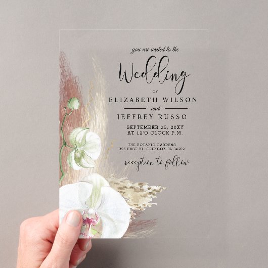 Invitations En Acrylique Mariage rustique boho herbe de Pampas orchidée bla (In situ (ordinateur de poche))