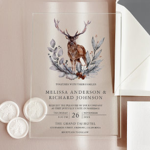 Invitations En Acrylique Mariage Rustique de Cerf de Forêt à l'Aquarelle