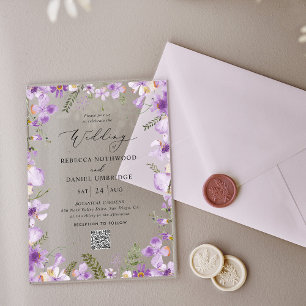 Invitations En Acrylique Mariage Rustique QR Code Fleurs violettes