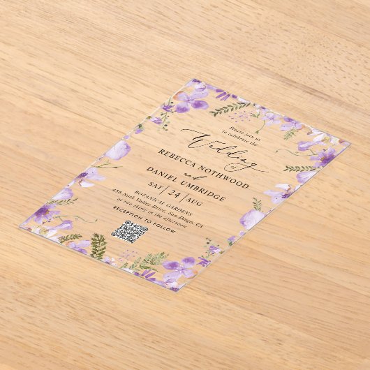 Invitations En Acrylique Mariage Rustique QR Code Fleurs violettes (Poser)
