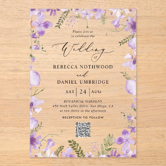 Invitations En Acrylique Mariage Rustique QR Code Fleurs violettes (Recto)