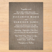 Invitations En Acrylique Mariage Rustique Toile de Jute (Recto)