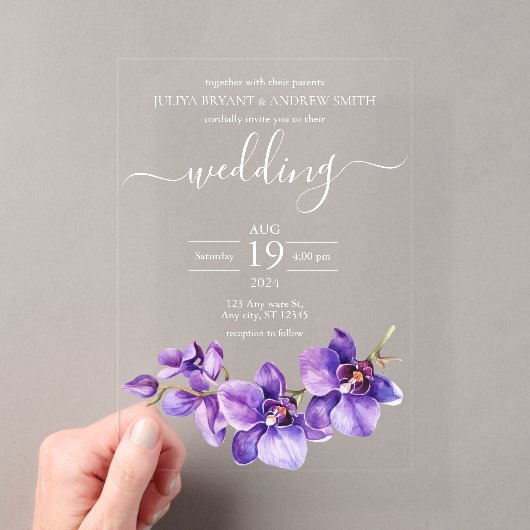 Invitations En Acrylique Mariage Script Orchidée Violette (In situ (ordinateur de poche))