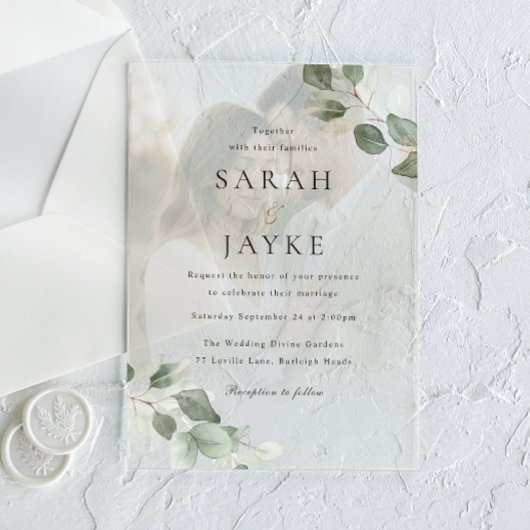 Invitations En Acrylique Mariage simple moderne vert feuille portrait