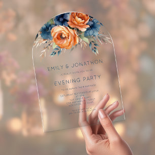 Invitations En Acrylique Mariage Soirée Fleurs Orange Brûlé Bleu Marine
