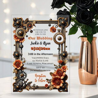 Invitations En Acrylique Mariage Steampunk gothique à thème cuivre et or