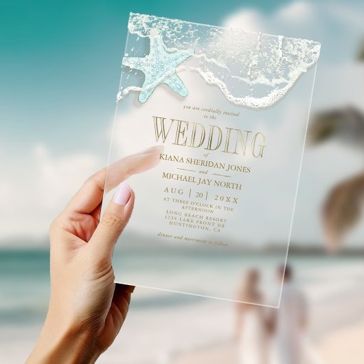 Invitations En Acrylique Mariage sur la plage à l'écume de mer ID837