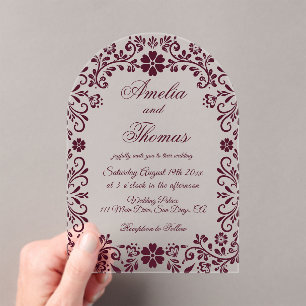 Invitations En Acrylique Mariage Talavera du Mexique rouge de Bourgogne