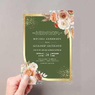 Invitations En Acrylique Mariage Terre Cuite Floral Vert Olive Or