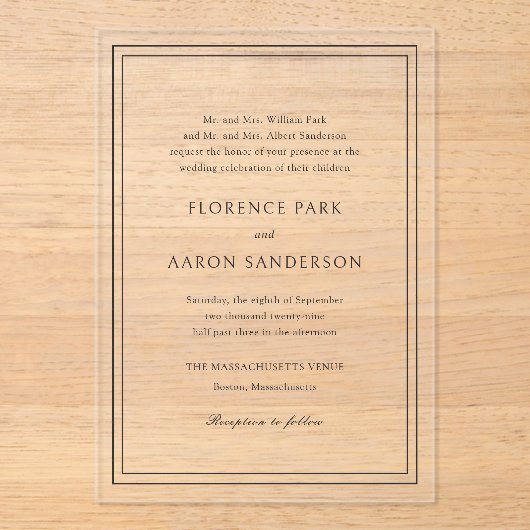 Invitations En Acrylique Mariage traditionnel noir et blanc intemporel (Recto)