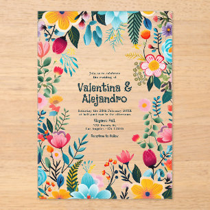 Invitations En Acrylique Mariage transparent mexicain Fleurs de Fiesta