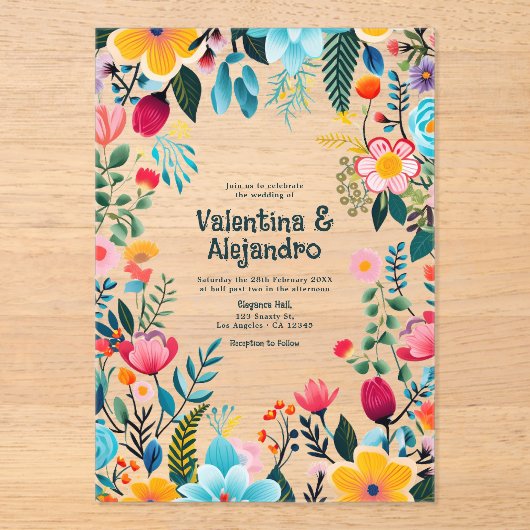 Invitations En Acrylique Mariage transparent mexicain Fleurs de Fiesta (Recto)