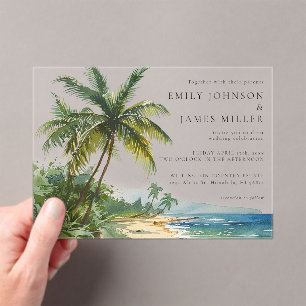 Invitations En Acrylique Mariage Tropical de Plage aux Palmiers à l'Aquarel