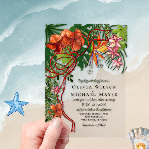 Invitations En Acrylique Mariage Tropical I Fleurs et Ruban Rouge en Acryli