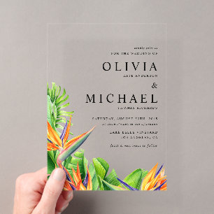 Invitations En Acrylique Mariage Tropical Oiseaux de Paradis Aquarelle