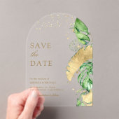 Invitations En Acrylique Mariage Tropical Palm Arch Gold Enregistrer la dat (In situ (ordinateur de poche))