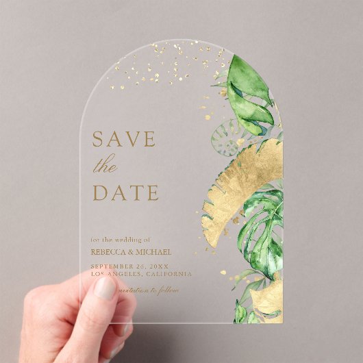 Invitations En Acrylique Mariage Tropical Palm Arch Gold Enregistrer la dat (In situ (ordinateur de poche))