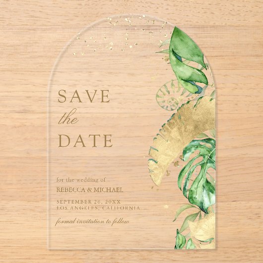 Invitations En Acrylique Mariage Tropical Palm Arch Gold Enregistrer la dat (Recto)