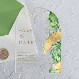 Invitations En Acrylique Mariage Tropical Palm Arch Gold Enregistrer la dat