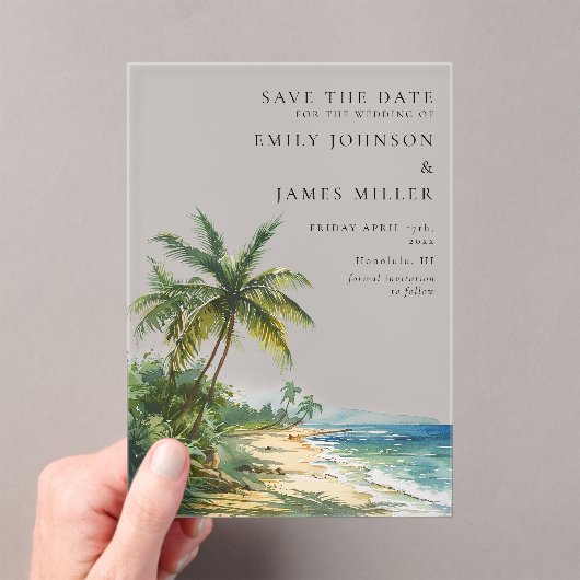 Invitations En Acrylique Mariage Tropical Palm Beach Enregistrer La Date (In situ (ordinateur de poche))