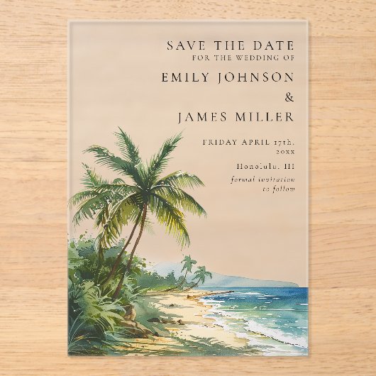 Invitations En Acrylique Mariage Tropical Palm Beach Enregistrer La Date (Recto)