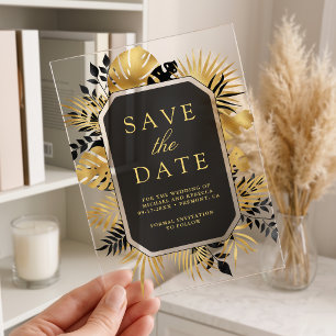 Invitations En Acrylique Mariage Tropical Palmier Noir et Or, Enregistrez l