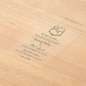 Invitations En Acrylique Mariage vert de la forêt de crêtes monogramme (Poser)