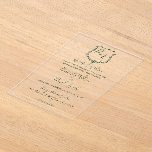 Invitations En Acrylique Mariage vert de la forêt de crêtes monogramme (Poser)