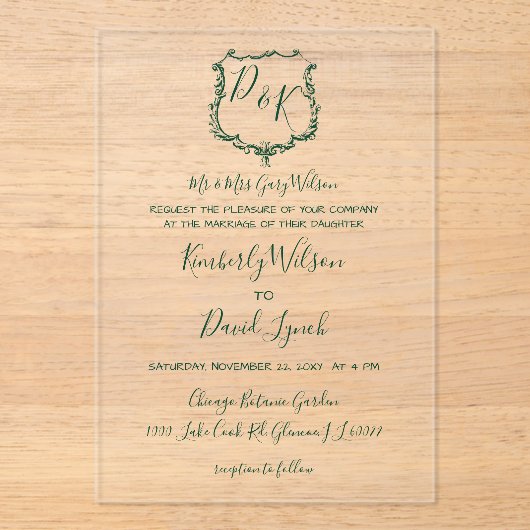 Invitations En Acrylique Mariage vert de la forêt de crêtes monogramme (Recto)