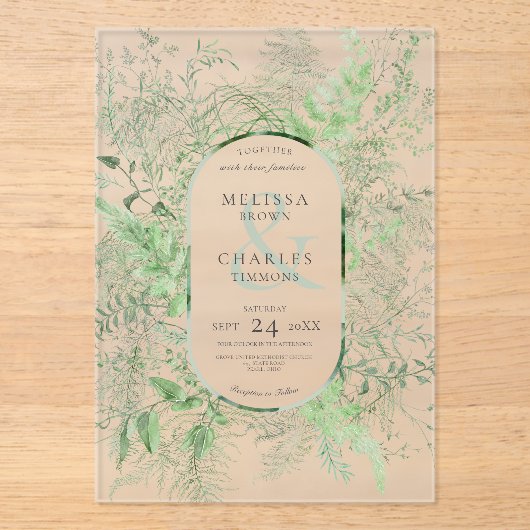 Invitations En Acrylique Mariage vert émeraude de feuillage vert de fougère (Recto)