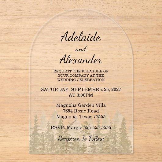 Invitations En Acrylique Mariage Vert Forêt Bois Rustique (Recto)