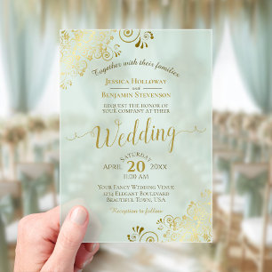 Invitations En Acrylique Mariage Vert Menthe Élégante Calligraphie Dorée