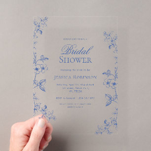 Invitations En Acrylique Mariage victorien vintage floral bleu Shower