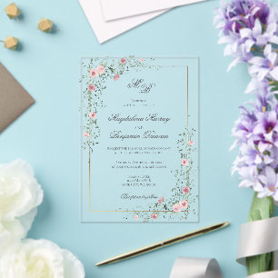 Invitations En Acrylique Mariage Vintage avec Vigne Florale Rose Poussiéreu